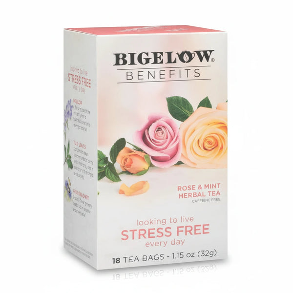 A polished retail e-commerce product photo of Bigelow Benefits Rose & Mint Herbal Tea 32g, featuring a clean seamless white studio background, bright even soft diffused studio lighting, and a realistic soft contact shadow beneath the product.