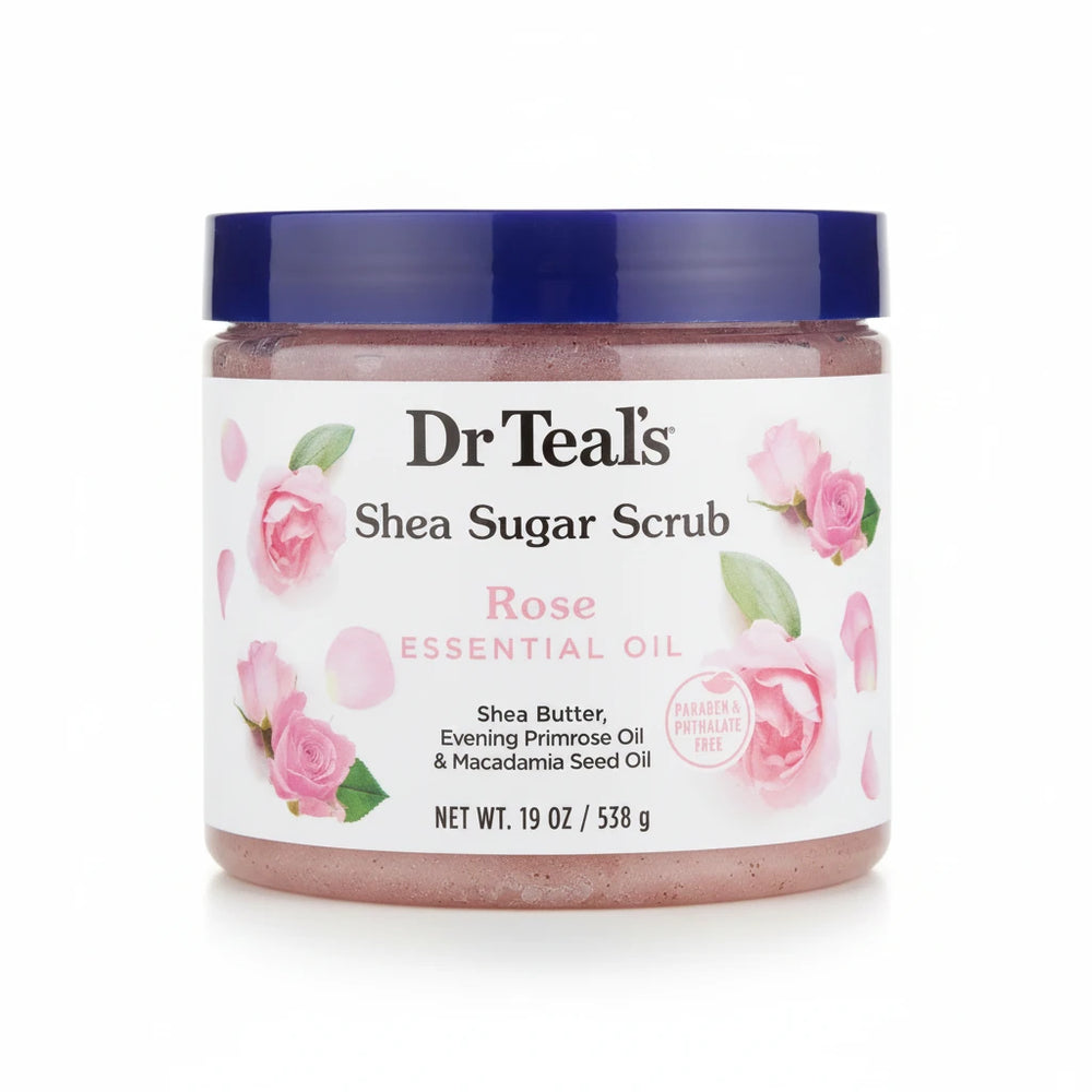 A polished retail e-commerce product photo of Dr Teal's Shea Sugar Scrub in Rose, featuring a clean white background and soft studio lighting.