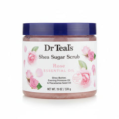A polished retail e-commerce product photo of Dr Teal's Shea Sugar Scrub in Rose, featuring a clean white background and soft studio lighting.
