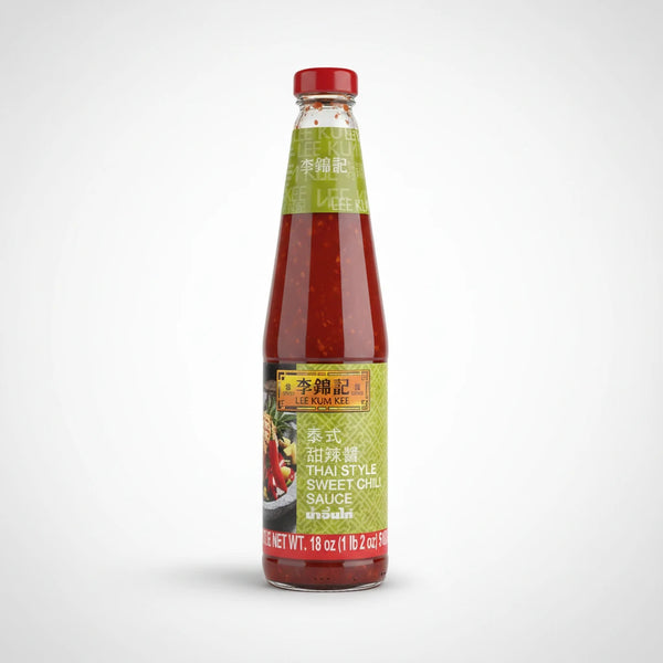 A polished e-commerce product photo of Lee Kum Kee Sweet Chili Sauce – Mild Heat 18oz bottle, centered on a clean white background with soft studio lighting and a subtle shadow.