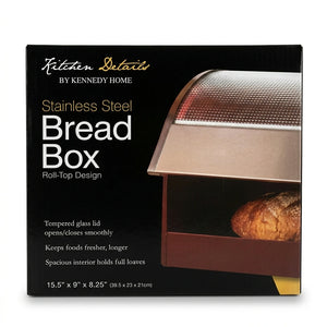 Kitchen Details by Kennedy Home stainless steel bread box packaging showing features