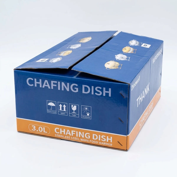 Enhanced Side view of 3.0L chafing dish packaging with care symbols