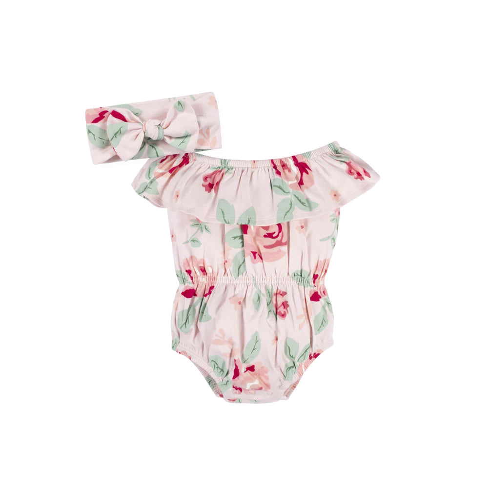 Gerber Baby Girl Pink Garden Wide Neck Sunsuit Romper & Headband Set (3-6 months)