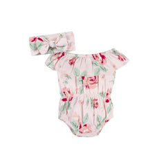 Gerber Baby Girl Pink Garden Wide Neck Sunsuit Romper & Headband Set (3-6 months)